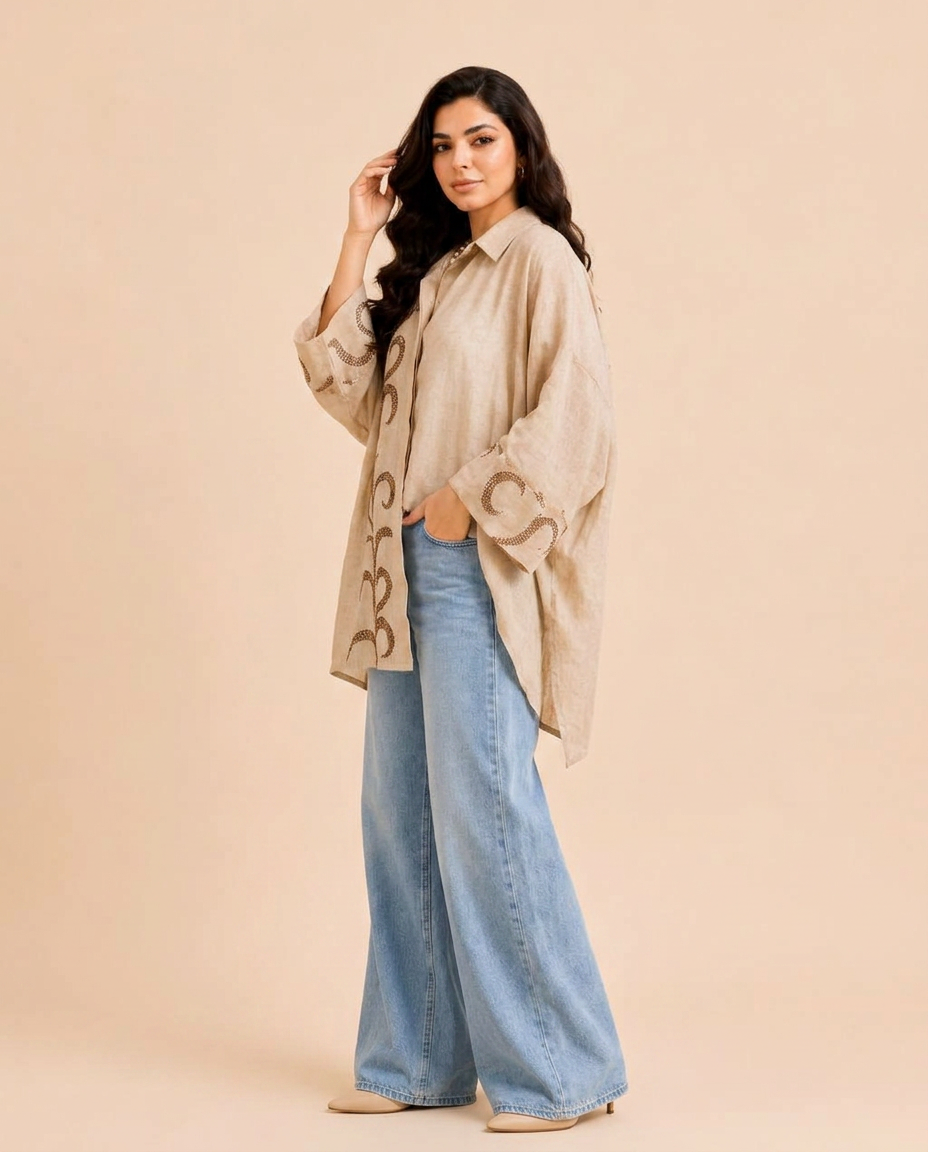 Indian burlap linen cardigan with embroidered organza.