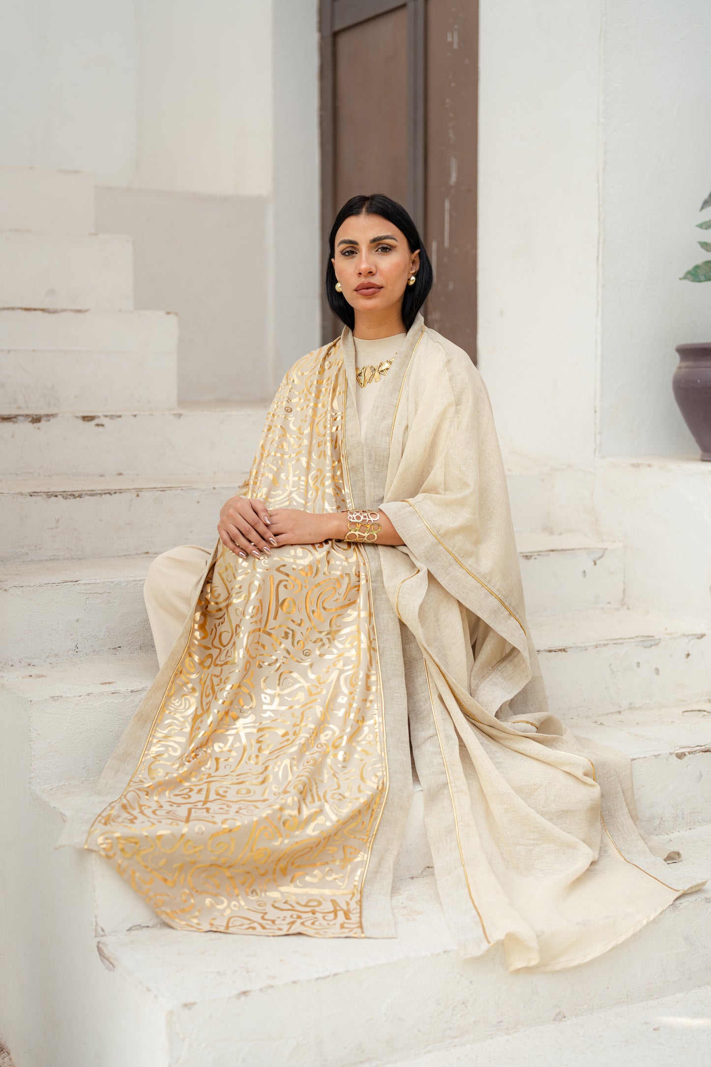 Golden Linen Kaftan - Beige