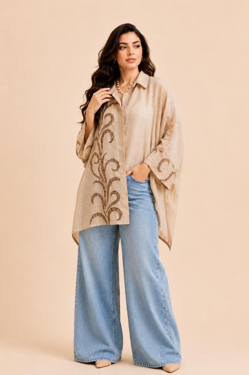 Indian burlap linen cardigan with embroidered organza.