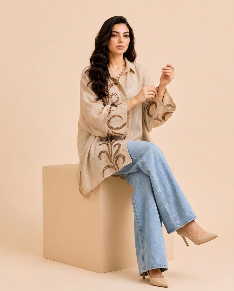 Indian burlap linen cardigan with embroidered organza.