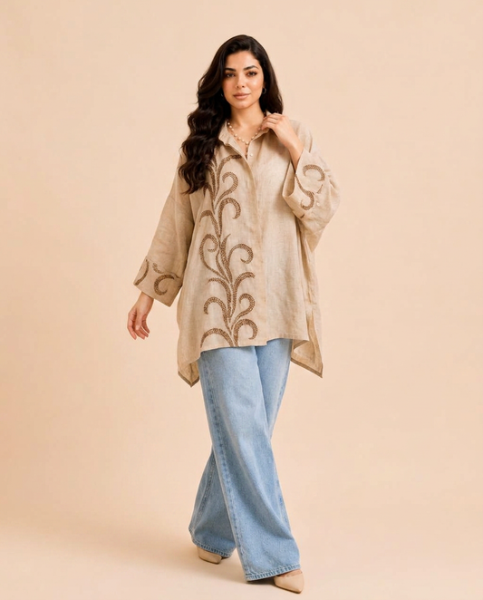 Indian burlap linen cardigan with embroidered organza.