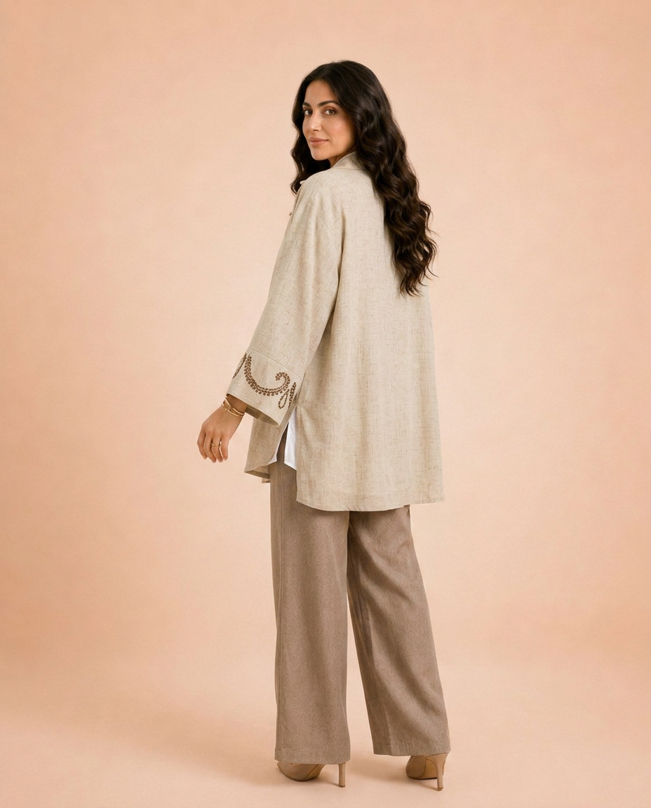 Indian burlap linen cardigan with embroidered organza.