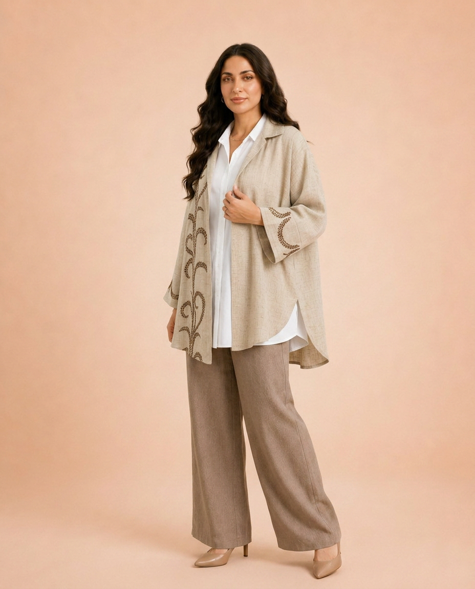 Indian burlap linen cardigan with embroidered organza.