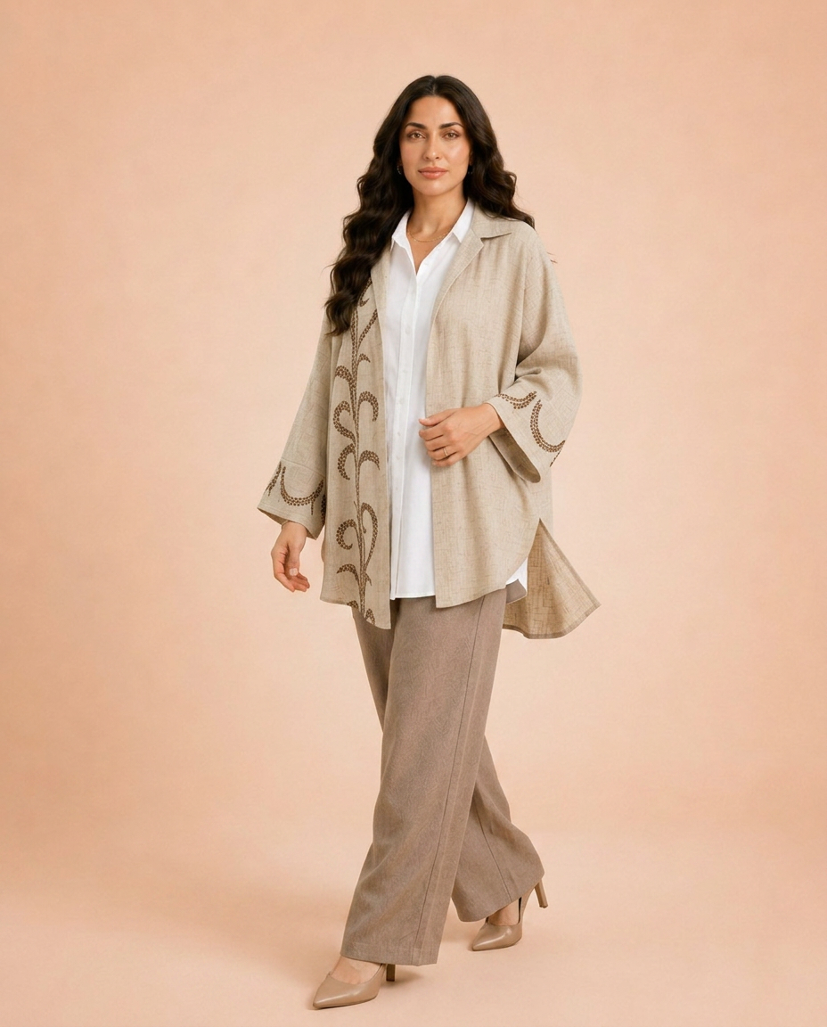 Indian burlap linen cardigan with embroidered organza.