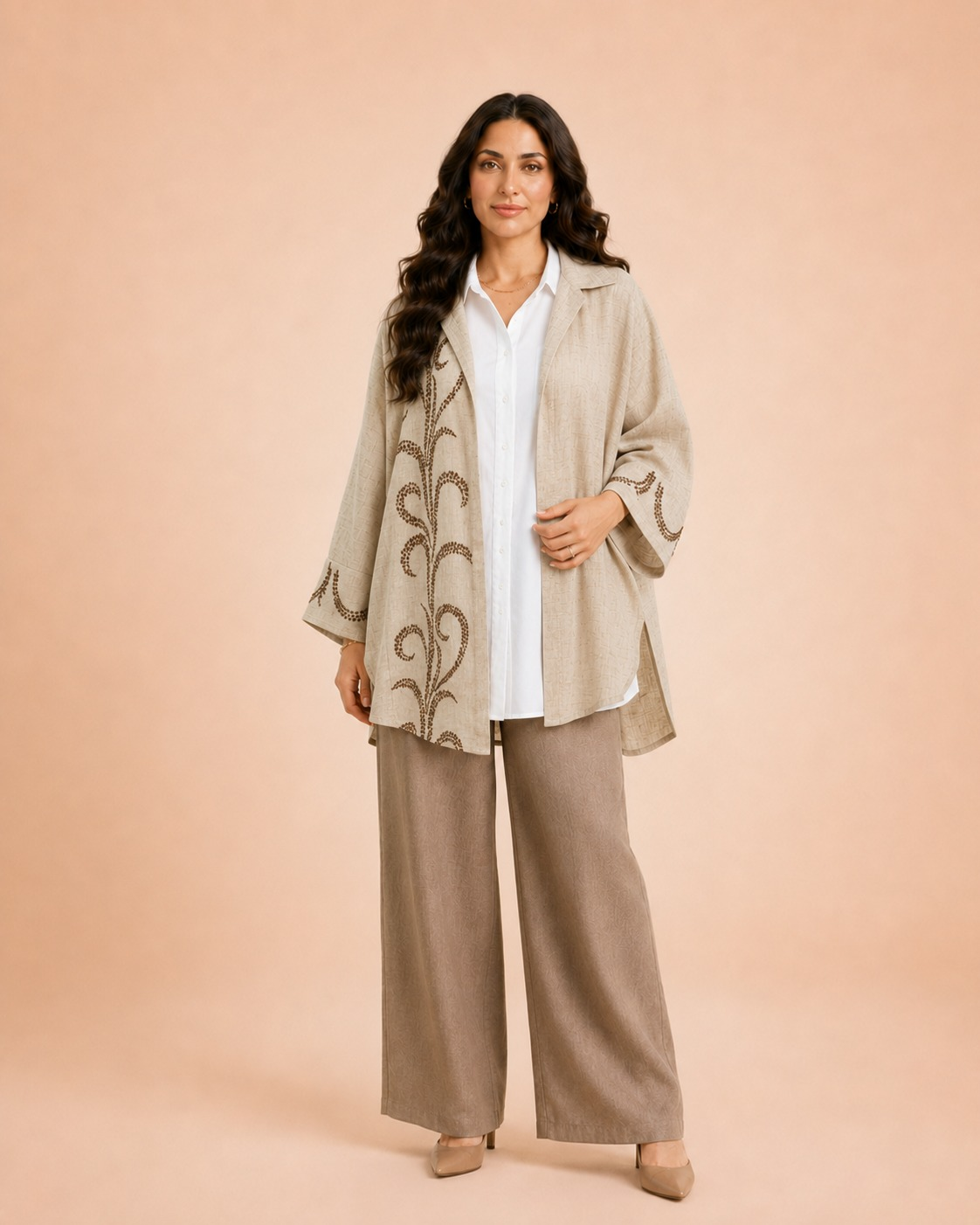 Indian burlap linen cardigan with embroidered organza.