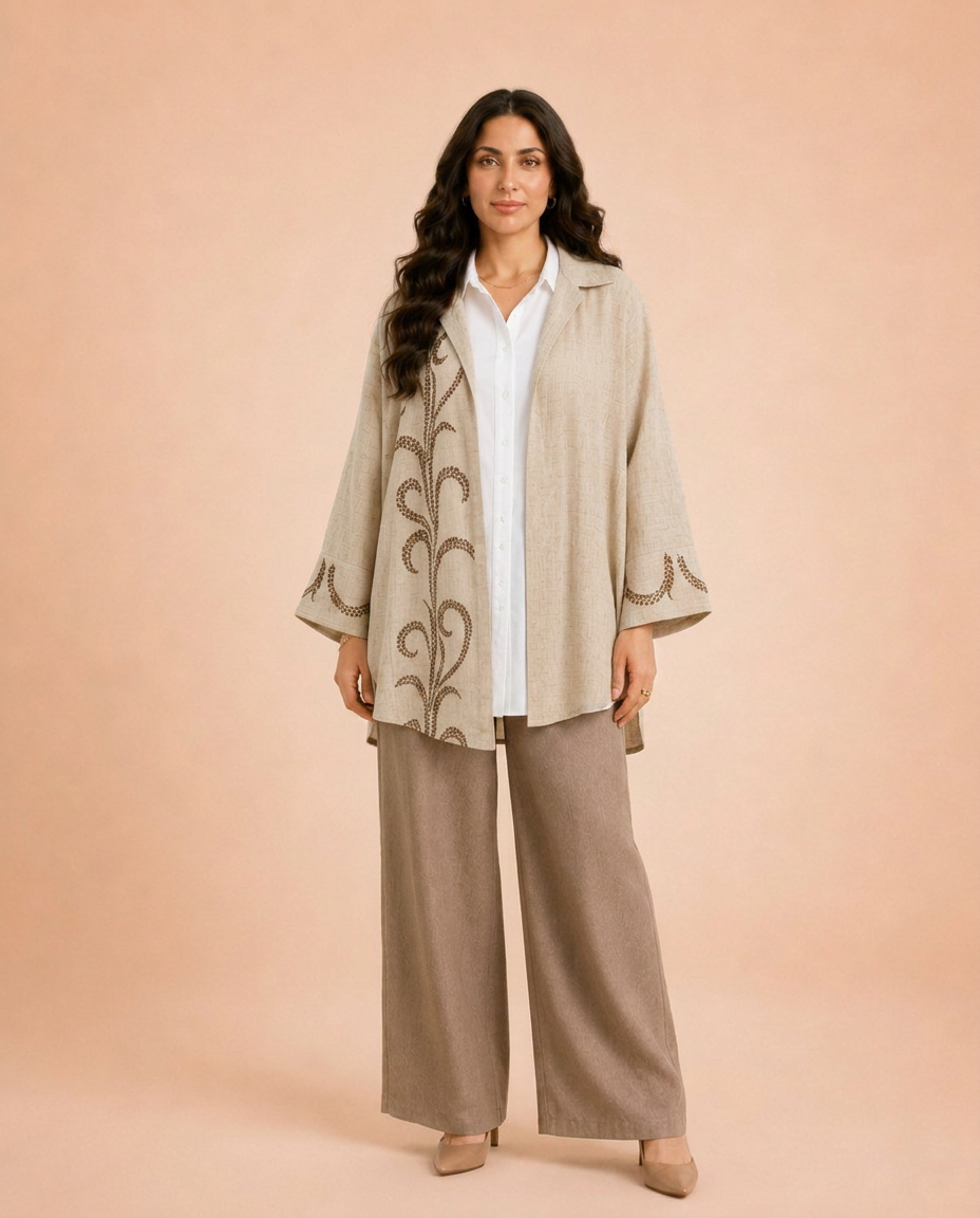 Indian burlap linen cardigan with embroidered organza.