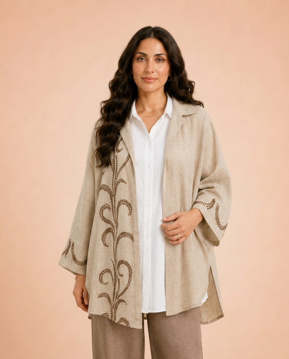 Indian burlap linen cardigan with embroidered organza.