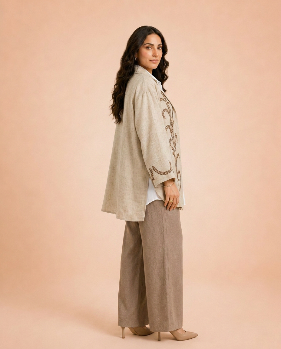 Indian burlap linen cardigan with embroidered organza.